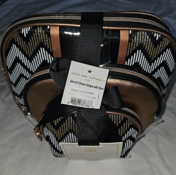 NWT Adrienne Vittadini 3Pc Cosmetic Bag Set Bronze Striped - Picture 1 of 4